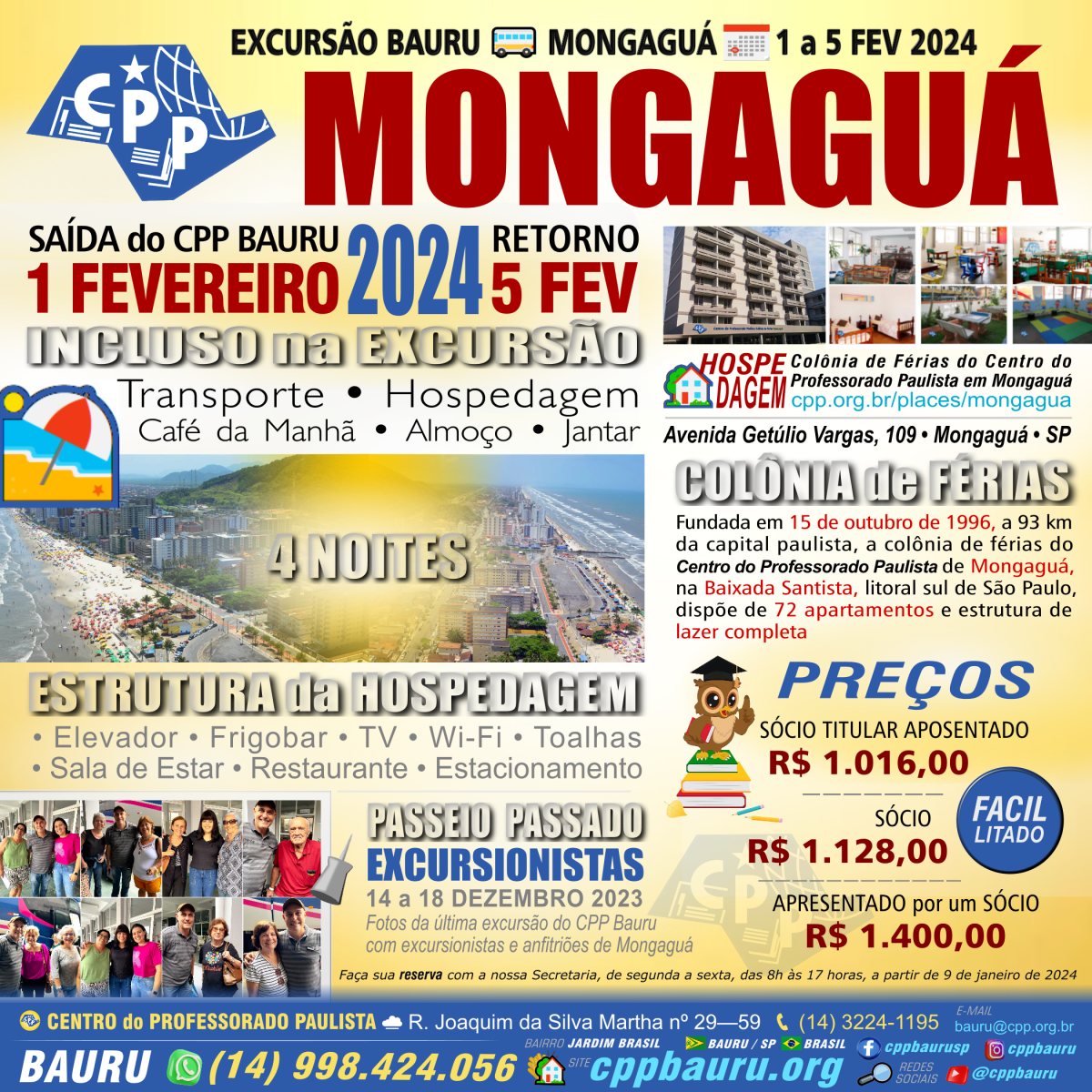 ⛱️ Excursão para Mongaguá 🚌 Saída do CPP Bauru 🔔 FEV 2024